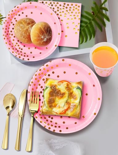 Nkaiso 141Pcs Pink Gold Paper Plates and Napkins Party Supplies-20 Guests - color: Pink and Gold