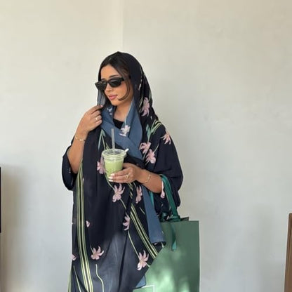 Long Chiffon Cardigan Abayas for Women's Muslim Kaftan | Applique Flower, Hijabs Dress - color: Black