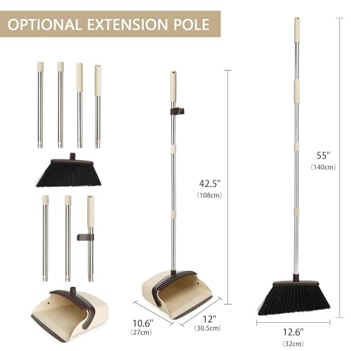 Broom and Dustpan Combo Set,55" Long Handle,Beige | Heavy Dust,Dustpans with Broom Combo,House Accessories for Home, Kitchen,Office,Classroom,Apartment,Pet Hair - color: Beige