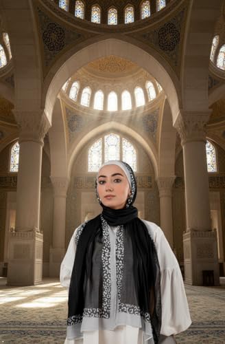 Hijab Modest and Elegant | Beautifully Designed Printed Chiffon Patterns | Muslim Women Head Scarf and Veil - color: Black D