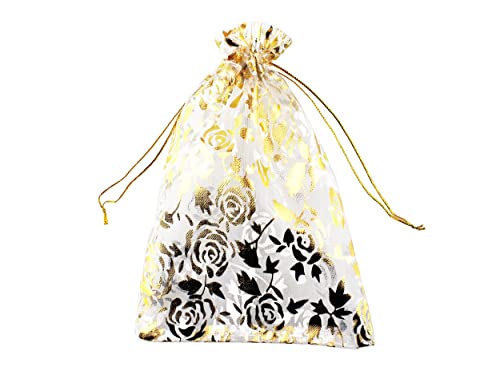 100 Pack 5 x 7 Inch Organza Jewelry Gift Pouch B381, White Gold Flower - color: white gold flower