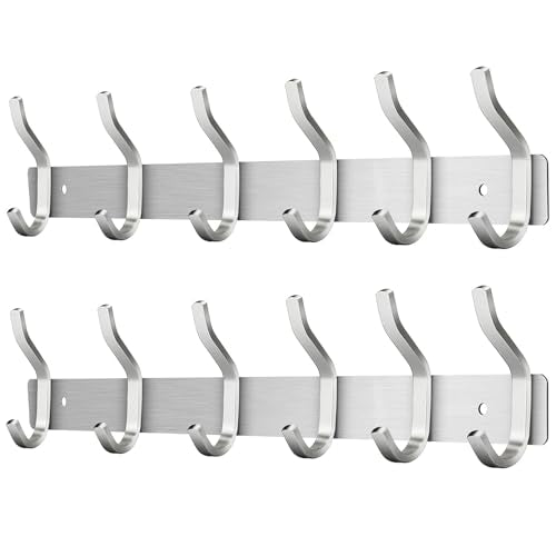 2 Pack Coat Rack Wall Mount, 17 Inch Coat Hooks with 6 Hooks, Silver | Heavy Duty, for Hanging Backpack, Bag, Coat, Purse, Hat, Towel, Clothes, Coat Hanger Hooks for Entryway, Bathroom - color: Silver, size: 6 Hooks 2 Pieces