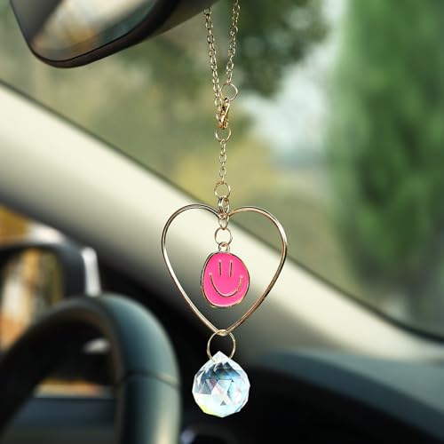 Car Rear View Mirror Accessories, Rose Smiley Face Boho Crystal Hanging Ornament Rearview Decor Charm Handmade Beaded Crystal Heart Swinging Interior Decor for Women Men - color: Red Smiling Face