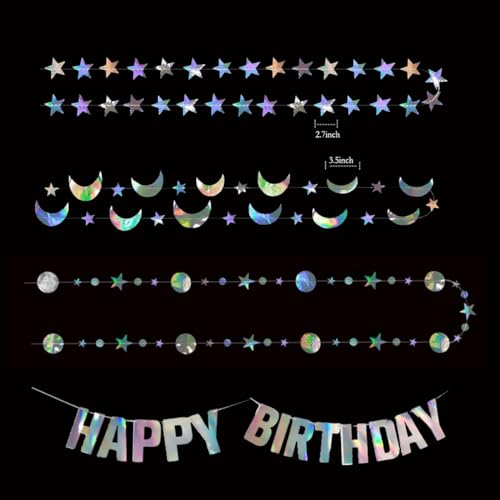 Star Moon Circle Dot Garland Party Decoration Kit, Holographic Party Decorations Hanging Stars Streamer Backdrop Crescent Garlands Happy Birthday Banner Backdrop for Birthday Wedding