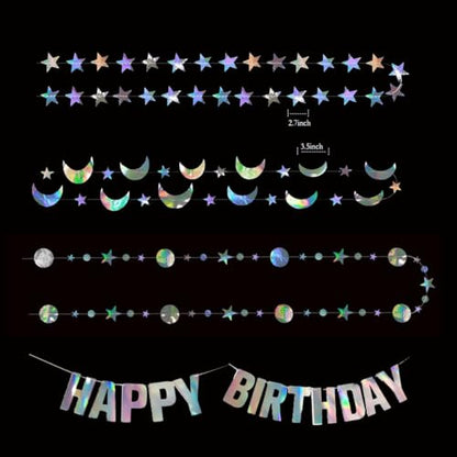 Star Moon Circle Dot Garland Party Decoration Kit, Holographic Party Decorations Hanging Stars Streamer Backdrop Crescent Garlands Happy Birthday Banner Backdrop for Birthday Wedding