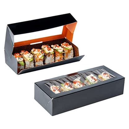 Restaurantware Sakura Vision 8 x 3.5 x 1.8 Inch Sushi Boxes 50 Disposable Take Out Boxes - Built-In Lid Clear Window Black Paper Rectangle Boxes For Sushi Maki Or Sashimi - size: Medium