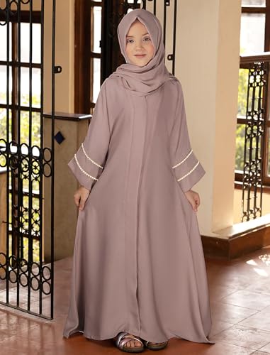 Muslim Abaya For Girls Islamic Prayer Abayas Dress with Hijab Ramadan Cardigan Kaftan Robe Dresses Dubai Outfits - color: Khaki, size: 11-12 Years