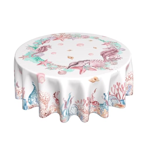 Seahorses Jellyfish Tablecloth Summer Round Table Cover Washable Table Cloth for Home Kitchen Party Picnic 60 Inch - color: Summerly Seahorses Jellyfish