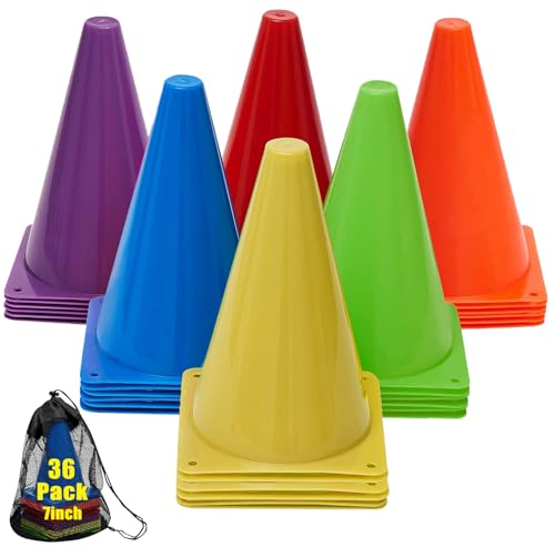 7" Soccer Cones for Training, 36 Pack Sports Agility Field Plastic Small Cones for Kids Skating Basketball Football Practice Drills, 6 Colors
