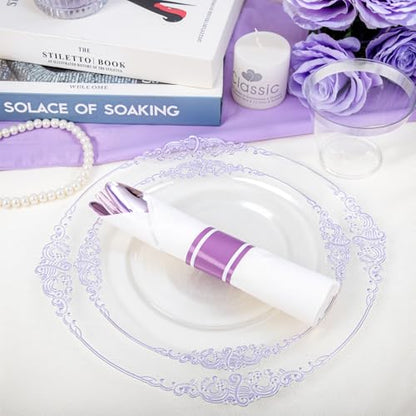 Hioasis 175pcs Clear and Purple Plates - Party Plates for 25 Guest, Include 50 Heavy-duty Plates(20% Thicker Than Standard), 25 Pre Rolled Plastic Silverware Set, 25 Cups for Graduation - color: Clear and Purple