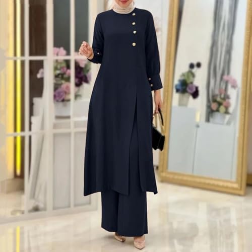 2 Piece Muslim Outfits For Women Long Sleeve Button Down Shirt And Baggy Pants Casual Dress Outfits Prayer Clothes - color: Blue, size: Large
