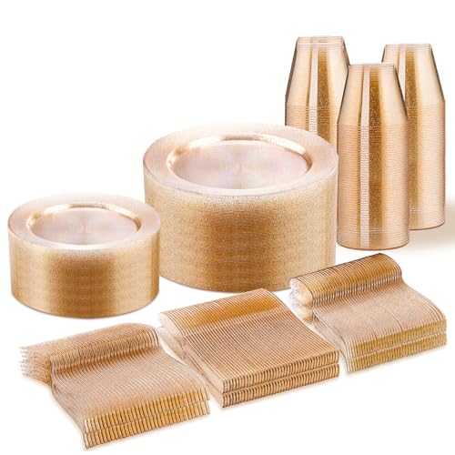 WELLIFE Gold Glitter Disposable Plates, Dinnerware Set for 50 Guests - color: Gold Glitter, size: 50 Guests