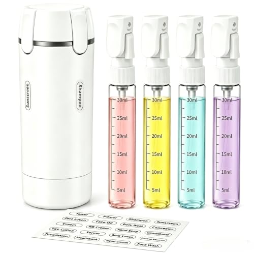 4-in-1 Travel Dispenser Bottle, Refillable Containers with Clear Scale Labels, Leak Resistant Travel Toiletry Bottles for Cosmetics, Shampoo, Lotion, White
