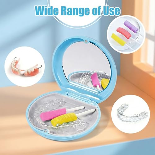 Blue Plastic Round Retainer Case with Mirror Mouth Guard Case Portable Aligner Case Denture False Box Organizer Braces Dental Storage Container for Invisalign
