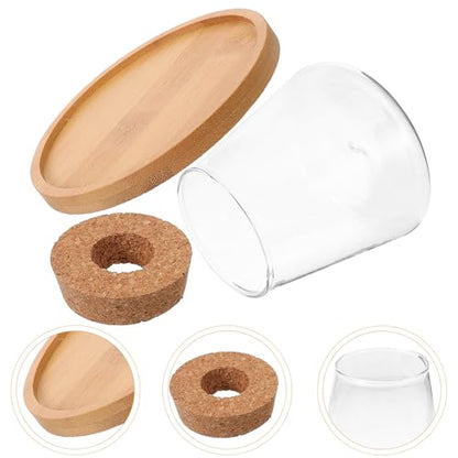 Small Glass Fish Bowl with Wooden Lid and Mat, Hydroponic Micro Landscape Planter Bottle for Desktop Betta Fish Tank and Plant Terrarium