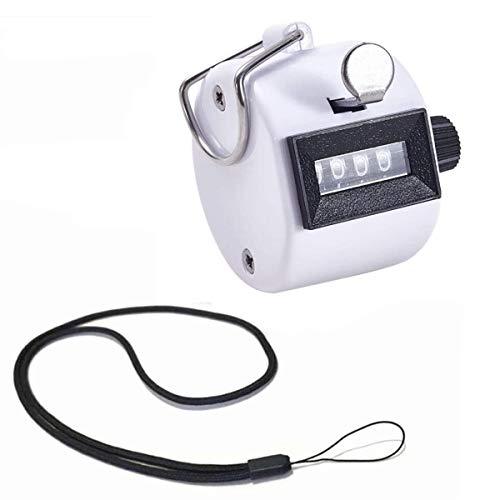 4 Digit Hand Tally Counter, Mechanical Lap Tracker Manual Clicker with Metal Finger Ring Hoop Holder - color: White