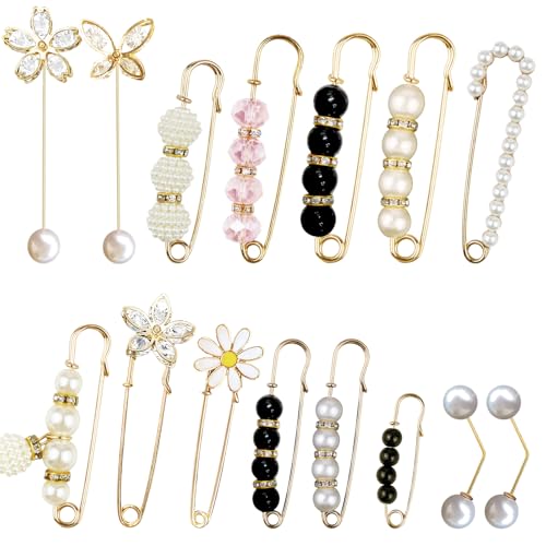15PCS Pearl Brooch Safety Pins, Pant Waist Tightener Sharp Pins for Sweater Shawl Collar Dress Cardigan Shirt Jeans Clothes Accessories Decoration for Women - style: Chic