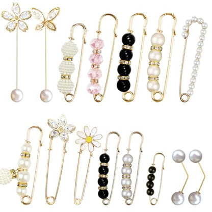 15PCS Pearl Brooch Safety Pins, Pant Waist Tightener Sharp Pins for Sweater Shawl Collar Dress Cardigan Shirt Jeans Clothes Accessories Decoration for Women - style: Chic