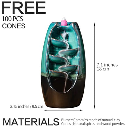 INONE Ceramic Incense Burner with 100 Upgraded Cones, Waterfall Backflow Incense Holder, Aromatherapy Ornament, Zen Decor, Home Decor, Room Decor (Cyan)