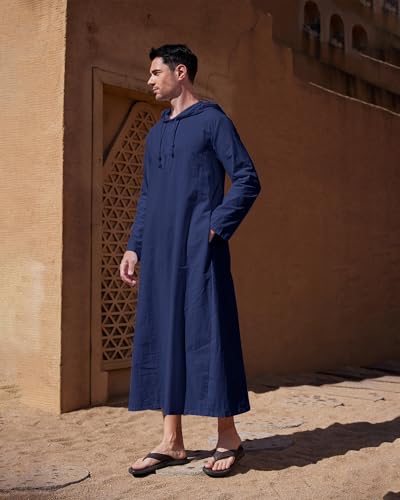 YAOHUOLE Long Sleeve Kaftan Thobe Button down Men Thobe with Pocket Big and Tall Kaftan Muslim Men Thobe - color: Navy, size: XX-Large