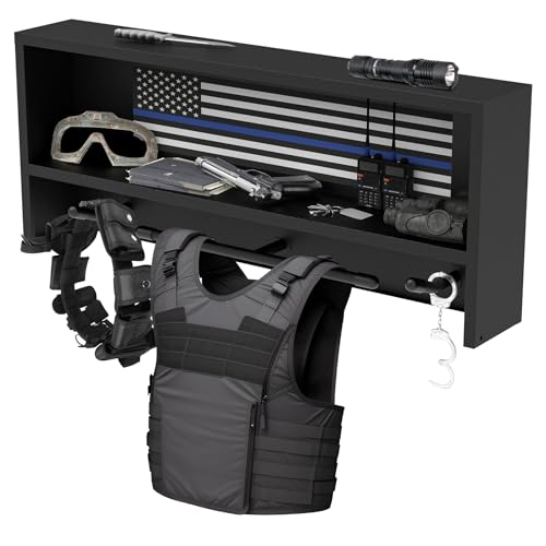 Neoaider Police Gear Rack, Police Hanger with Hooks | Tactical Duty Gear Rack Decor with Thin Blue Line Flag, Black Body Armor Stand for Police Gift - size: Wall Mounted Police Gear Rack