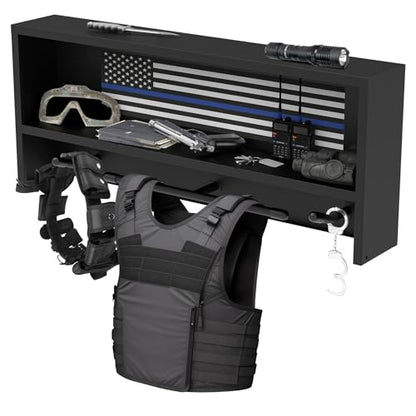 Neoaider Police Gear Rack, Police Hanger with Hooks | Tactical Duty Gear Rack Decor with Thin Blue Line Flag, Black Body Armor Stand for Police Gift - size: Wall Mounted Police Gear Rack