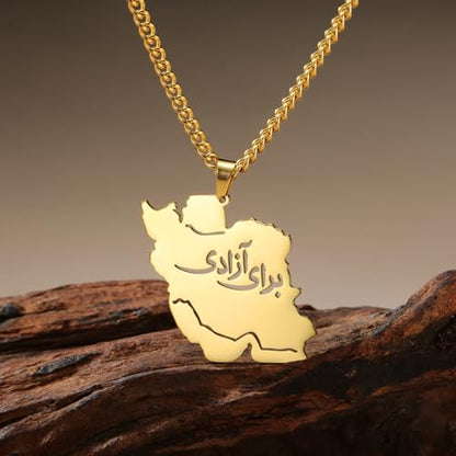 LIKGREAT Iran Map Necklace with Persian Calligraphy Stainless Steel Iranian Cultural Farsi Script Pendant Necklace Patriotic Peace Jewelry - color: 2-gold