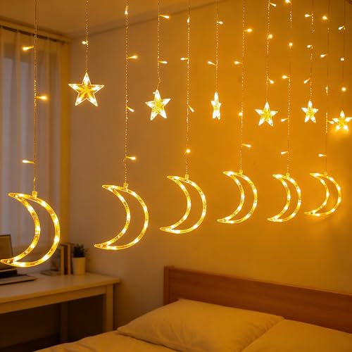 Dazzle Bright Ramadan Curtain String Lights, 138 LED 8.2 FT Warm White Star Moon Window Lights with Timer and 8 Lighting Modes, Waterproof Ramadan Decorations for Bedroom Wall Wedding Outdoor Party - size: Star Moon