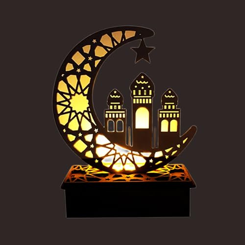 KYMY Ramadan Eid Crafts Night Light, Crescent Moon Star Mosque LED Wooden Lamp for Eid Mubarak Decorations, Islamic Muslim Light Lantern Craft Table Ornament for Eid al-Fitr, Eid al-Adha Party Decor