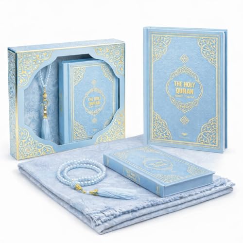 Quran Gift Set - English Translated Holy Quran, Prayer Mat, and Tasbih Beads - Elegant Islamic Gift for Ramadan, Eid, Hajj, Umrah, or Daily Prayers - Perfect Religious Gift for Muslims (Blue) - color: Blue