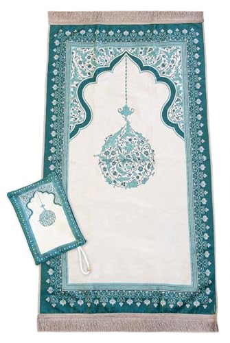 ihvan online Muslim Prayer Rug with Portable Elegant Fabric Bag, Janamaz, Sajadah, Soft Islamic Prayers Rug, Islamic Gifts for Eid Ramadan, Travel Prayer Carpet Mat, Green - color: Green