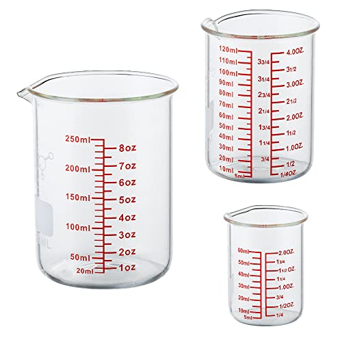 Ackers Mini Glass Measuring Beaker Set, Borosilicate, 2oz 4oz 8oz Measuring Cups - size: 60ml/120ml/250ml (2oz/4oz/8oz)