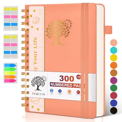 Spiral Notebook Journal for Women Men, 300 Numbered Lined Pages, College Ruled, A5 Hardcover Spiral Bound Notebook for School, Work, Note Taking Writing, Leather Spiral Journal Medium 5.9"x8.5" - color: Pink, size: A5 size (5.9in x 8.5in)
