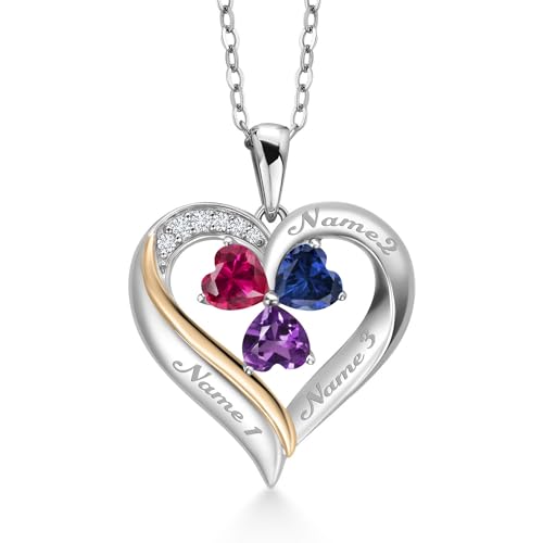 Gem Stone King Customized Personalized Engraved 3-Stone Heart Necklace