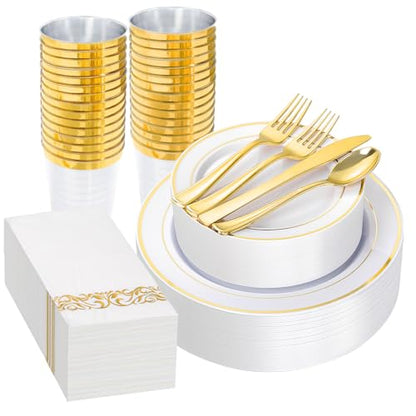 Supernal 200pcs Gold Plastic Dinnerware included 25 Party Dinner Plates 25 Dessert Plates 25 Disposable Cups and 25 Paper Napkins Disposable 25 Spoons 25 Knives 50 Forks for Party and Wedding - color: 200pcs White and Gold Plastic Dinnerware