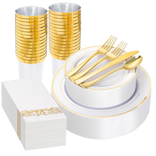 Supernal 200Pcs White and Gold Plastic Dinnerware Set for Wedding Party - color: 200pcs White and Gold Plastic Dinnerware