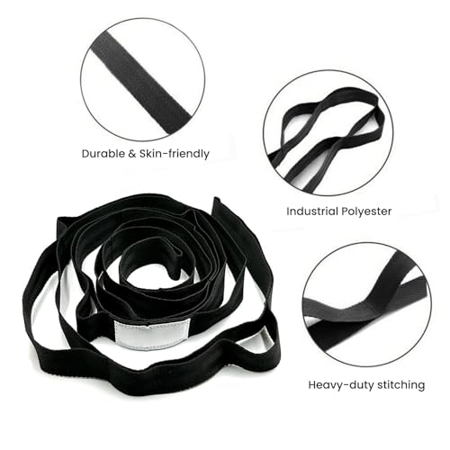 Stretching Strap with 10 Loops Non-Elastic Yoga Strap for Physical Therapy Pilates Dance Gymnastics Stretch Band for Daily Flexibility Routine at Home Gym Travel Includes Exercise Guide - color: Black