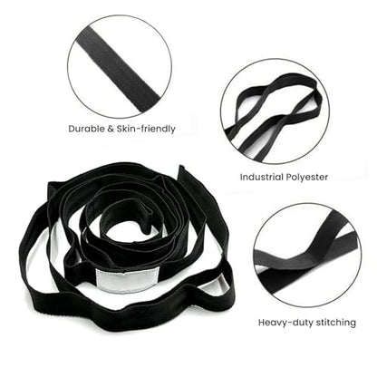 Stretching Strap with 10 Loops Non-Elastic Yoga Strap for Physical Therapy Pilates Dance Gymnastics Stretch Band for Daily Flexibility Routine at Home Gym Travel Includes Exercise Guide - color: Black