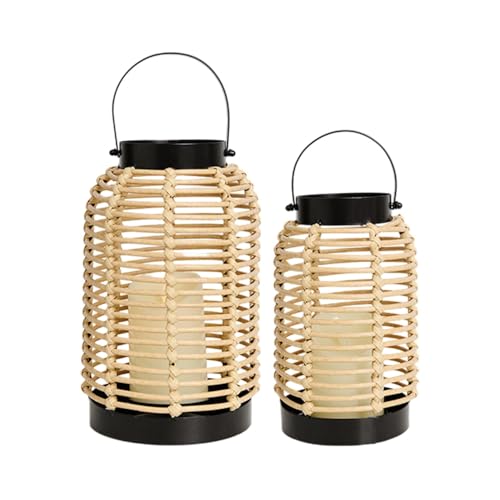 14in Lanterns Decorative for Home Decor- Decorative Candle Lanterns w/ LED Candles- Boho Rattan Woven Hanging Black Lanterns Decor for Indoor, Outdoor, Patio & Porch, Tabletop, Fireplace & Mantle