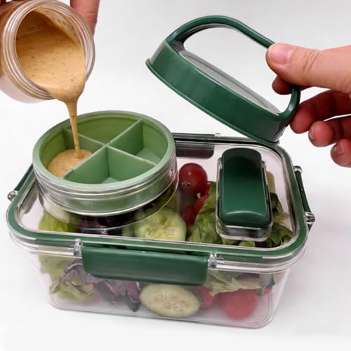 Salad Jar, Portable Salad Container with Leakproof 4 Sauce Cups and Utensil Storage for Lunch Picnic Family Gatherings (Rectangle)