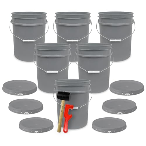 5 Gallon Plastic Bucket with Airtight Lid | Made in USA | Food Grade Bucket | BPA-Free | Heavy Duty 90 Mil All Purpose Pail | One 12" Rubber Mallet & One Lid Opener Included | 6 Pack | Airtight Lid, Mallet and Lid Opener Included, Heavy-Duty 90 Mil HDPE P