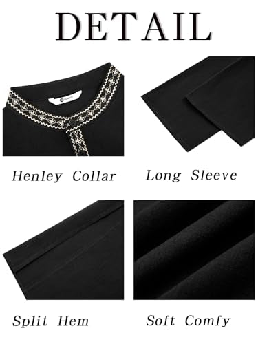 Runcati Mens Cotton Kaftan Robe Long Sleeve Button Down Henley Shirts Thobe Casual Side Split Gown Shirt - color: Black, size: Medium