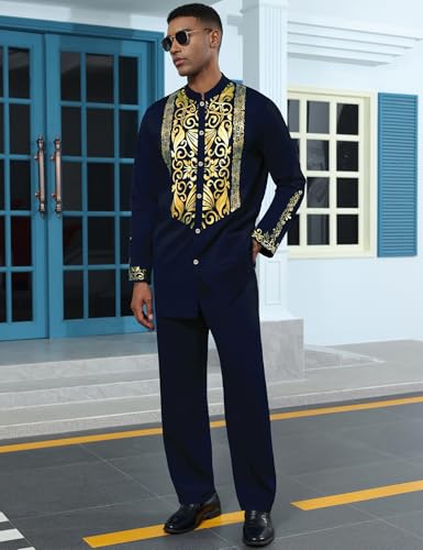 Mens African 2 Piece Sets Dashiki Metallic Traditional Suit Gold Stamp Printed Shirt and Pants Outfit - color: Navy Blue, size: X-Large