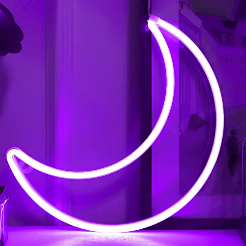 LED Purple Moon Neon Light, Cute Neon Moon Sign, Halloween Room Decor - Battery or USB Powered 5V Art LED Decorative Night Lights for Home, Bedroom, Office, Dorm, Party - color: Purple
