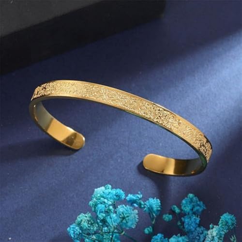 Ayatul Kursi Exquisite Stainless Steel Bracelet Islamic Muslim Quran Verse Calligraphy Ramadhan Festival Cuff Bracelet Men Arabic Calligraphy Messenger Jewelry Gift - color: golden