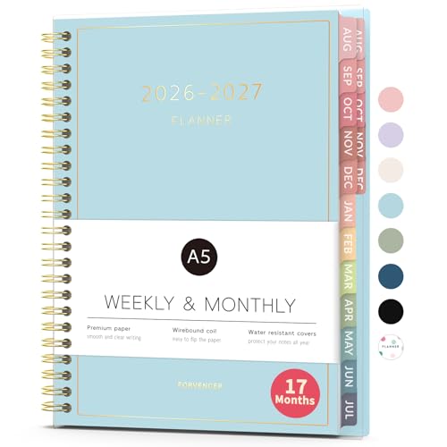 Aug 2026 - Dec 2027 Planner, Forvencer 17 Month Academic Planner 2026-2027, 6.3" x 8.4", Calendar Planner Weekly and Monthly, Daily Agenda Book, College School Supplies for Student Teacher, A5, Blue - color: Blue, size: 6.3" X 8.4"