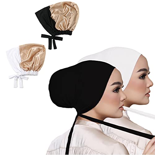 Women Under Scarf Hat Hijab Undercap Islamic Muslim Under Scarf Hijab Cap with Tie-Back Closure - color: Black2+white2