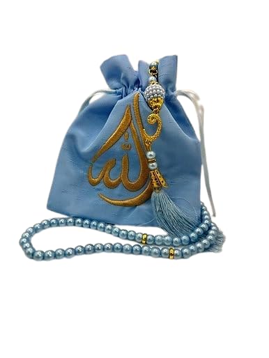 ISLAMIC HOLIDAY DECOR Misbaha Prayer Bead Pouch Gift - Premium Quality Tasbeeh Set with Embroidered Allah Pouch Islamic Gift for Eid, Ramadan Mubarak, New Year Muslim New Year (Baby Blue) - color: Baby blue