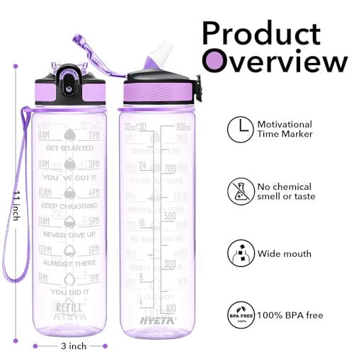 Hyeta Water Bottle with Straw & Time Marker, Plastic 32oz Leakproof | Motivational Tritan BPA Free Gym Office Outdoor Intake Tracker Hourly Reminder Straw Lid Carry Strap - color: Clear Wisteria