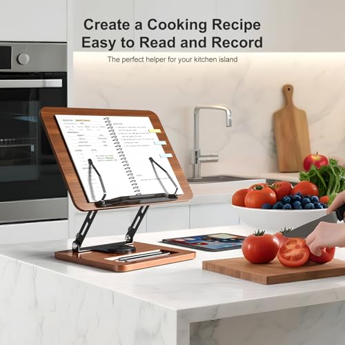 OPTIXCELL Book Stand for Reading, 360° Rotating Hands Free Book Holder, Adjustable Height and Angle, Page Clip for Cookbook, Recipe, Magazine, Laptop,Tablet, Foldable for Kitchen, Office, School - style: Book Stand